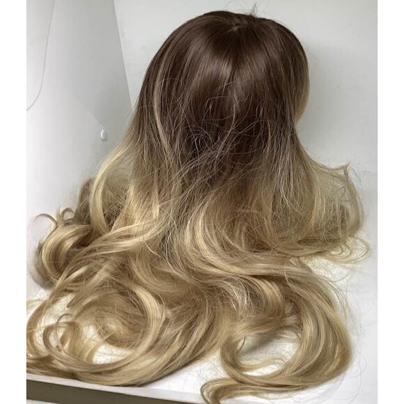 Human Hair Wig Long Curls Wavy Highlights Ash Brown Blonde Lace Front Bangs 25
